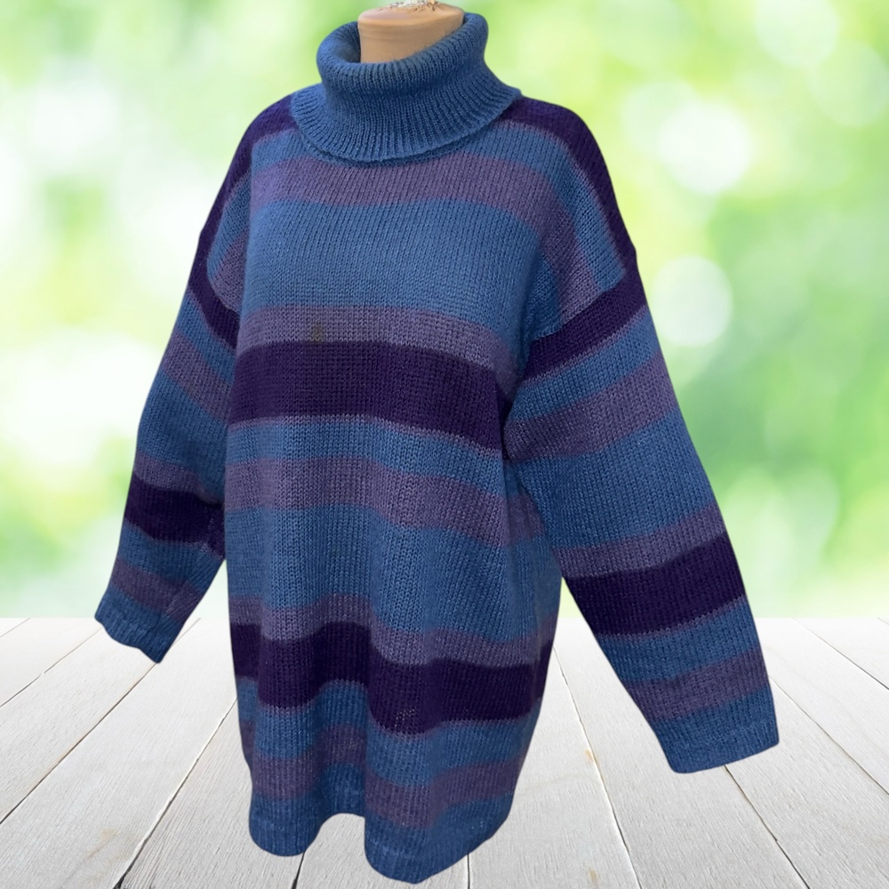 Vintage ABERCROMBIE FITCH Mohair Turtleneck Sweater Tunic Striped Blue Purple L